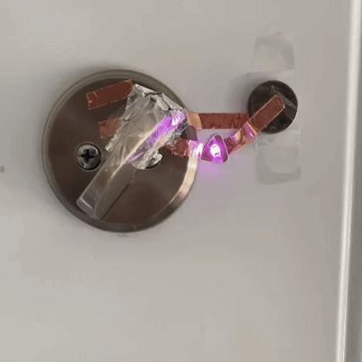 For this design I used tin foil and clear tape and copper tape. Using the angle of rotation of the door lock itself, adding one to the door can warn people if the lock is fully closed. Adding some small designs on the important but easy to ignore electronics can make people's life safer and more convenient.