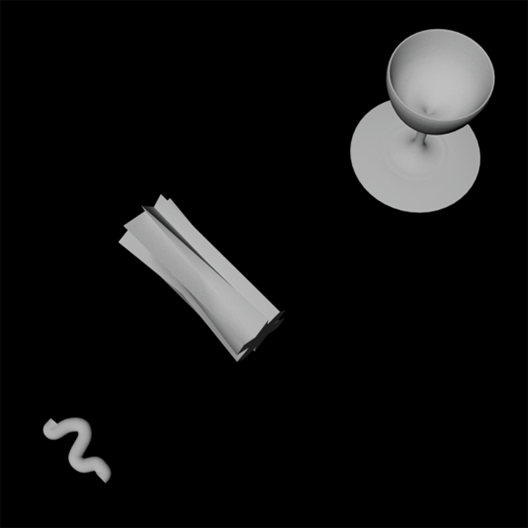 3d modeling rendering of a wine glass and a curved tube and an ensemble of two shapes above it