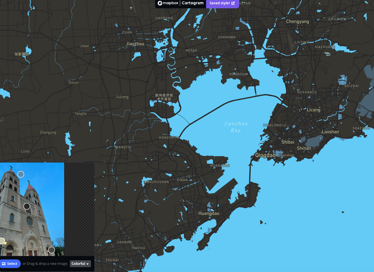 Map of Qingdao in bright blue and dark brown color scheme.