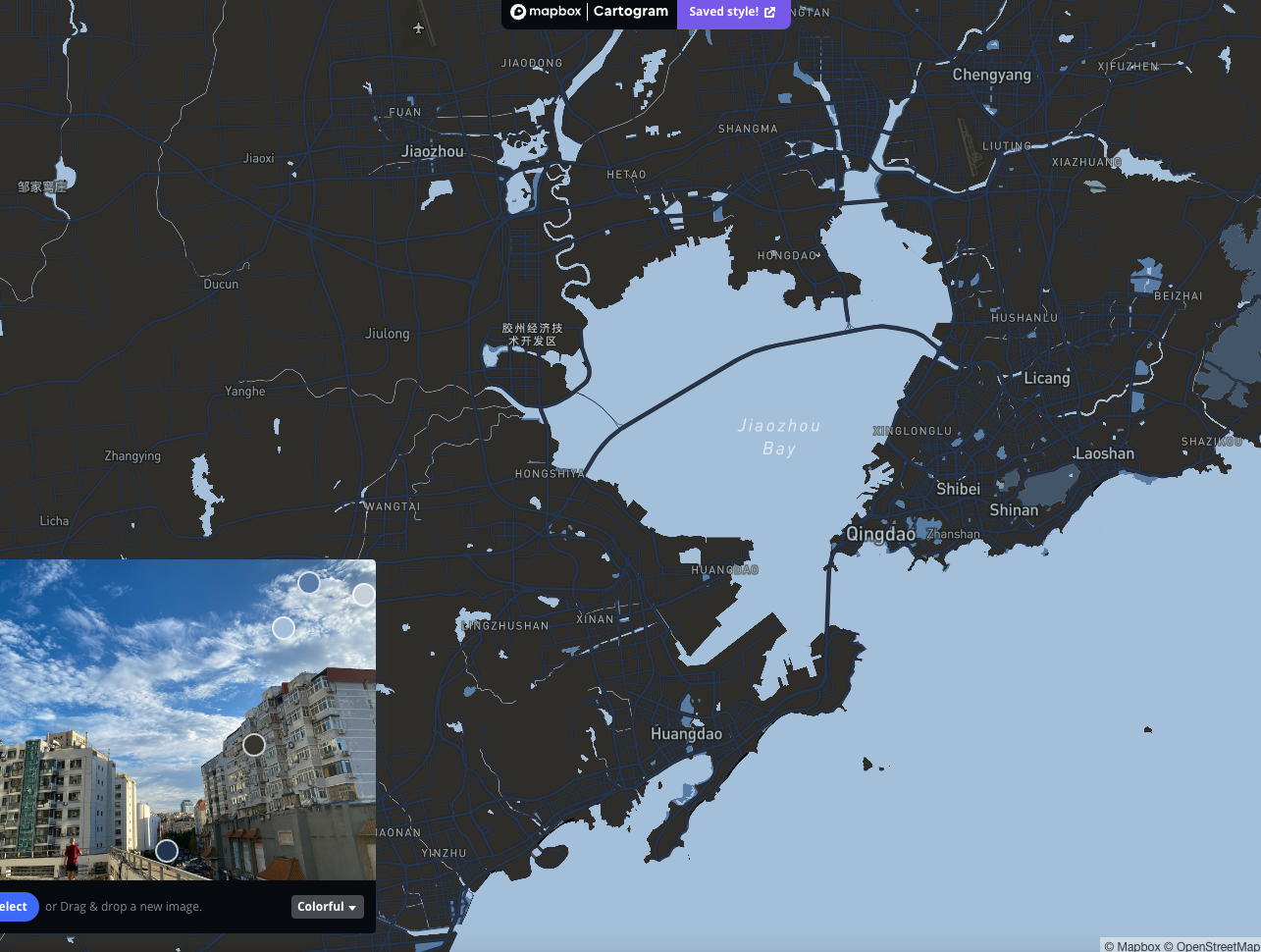 Map of Qingdao with light blue and dark blue color scheme.