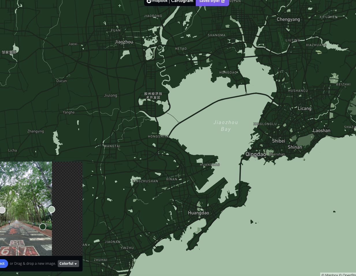 Map of Qingdao with dark green and light green colors.