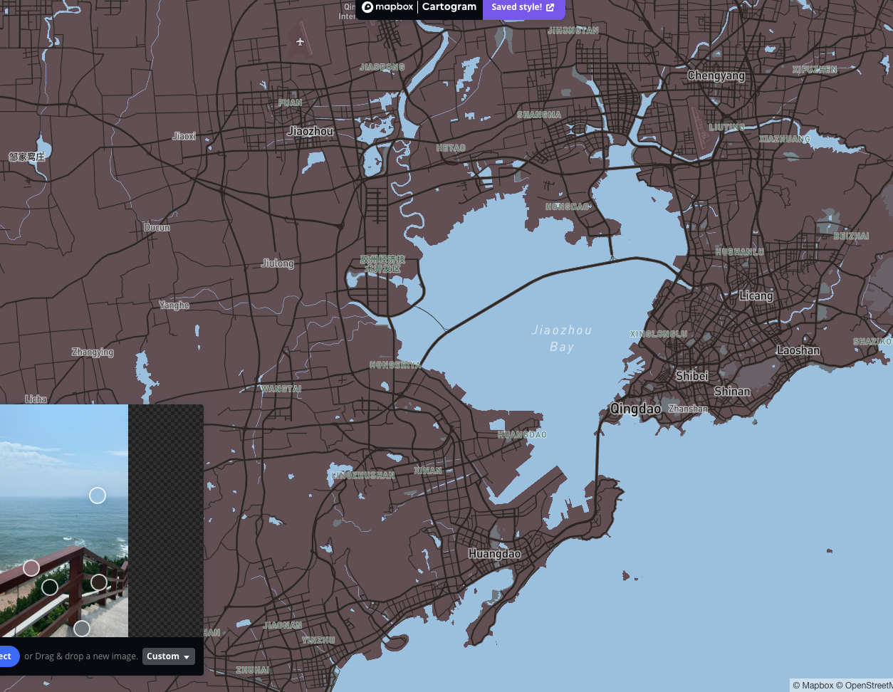 Map of Qingdao with reddish brown and light blue colors.